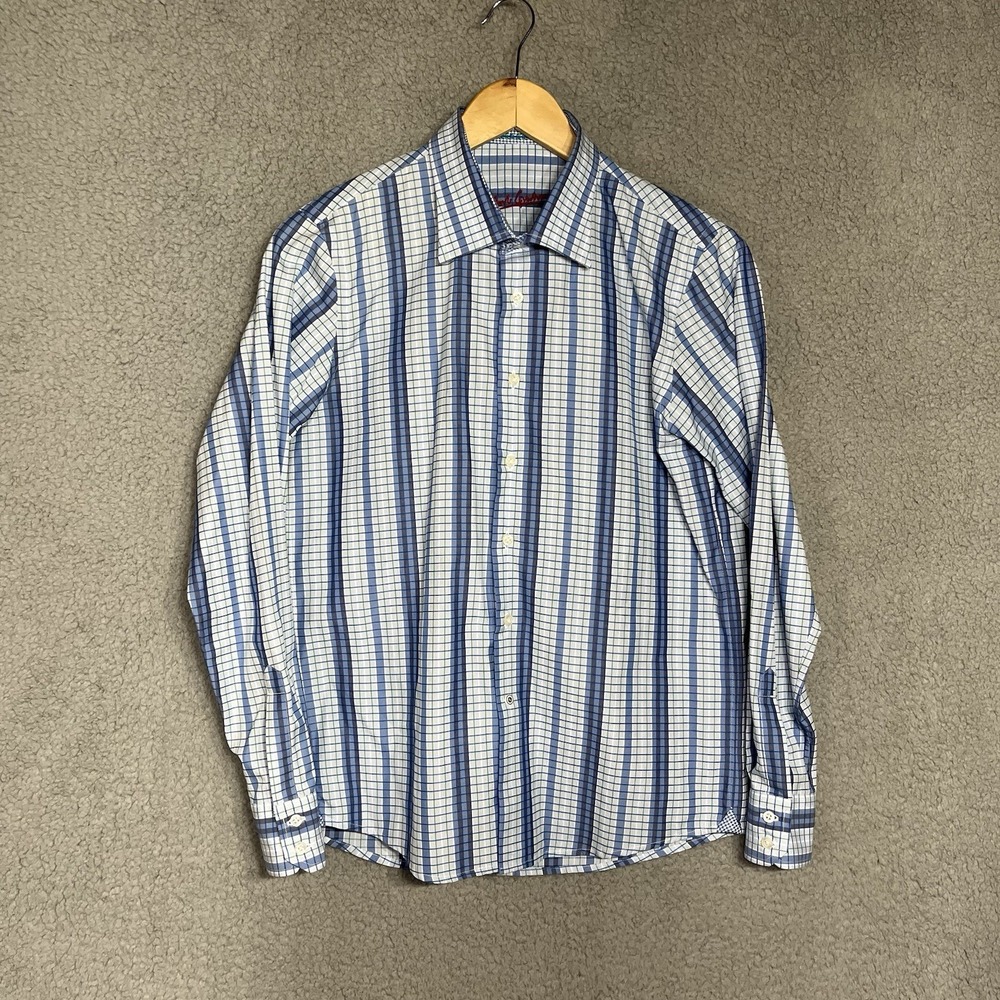 Robert Graham Boy Large 14-16 Blue Plaid Pattern Flip Cuff Dress Shirt Stretch